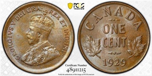 1929 Canadian Small Cent in PCGS MS63BN Grade, Lot#G7294