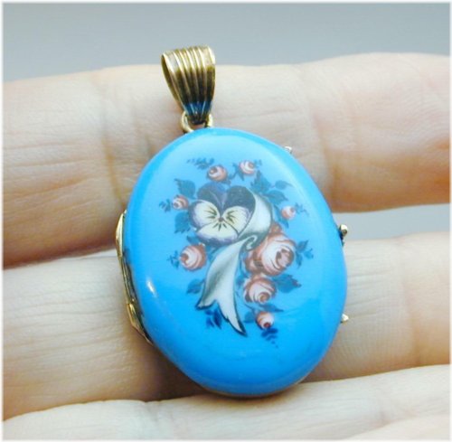Blue Enamel Floral Locket with Mourning Hair and Photo