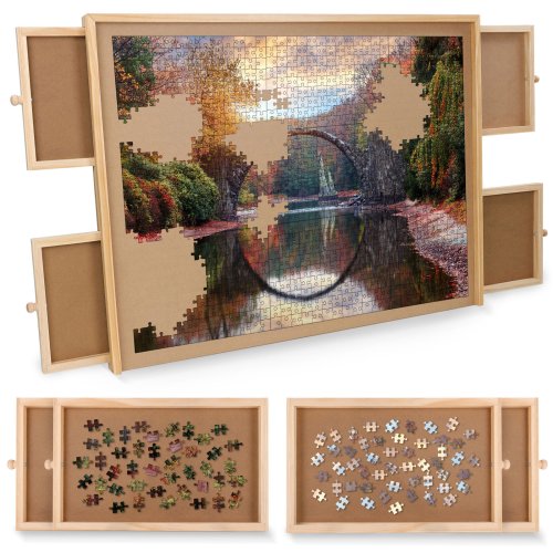 The Puzzle Keeper - Wooden Board with Built-in Drawers for Puzzles up to 1000 Pieces