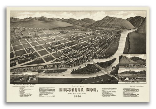 Missoula Montana Vintage Panoramic Map from 1884 - 16x24