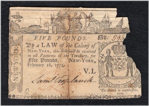 New York Colonial £5 Note - February 16, 1771