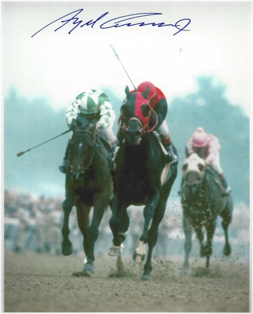Legendary Jockey Signature on Thrilling Horse Racing Moment Photograph