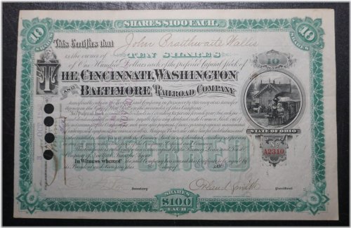 Cincinnati, Washington & Baltimore Railroad Orland Smith Stock Certificate - 1883