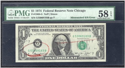 1974 $1 Federal Reserve Note with Mismatched Serial Numbers and BEP Rejection Marks, PMG AU-58EPQ
