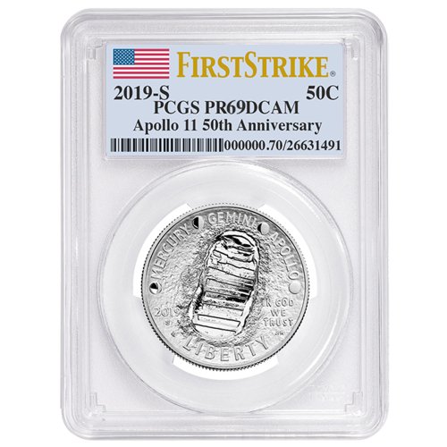 Apollo 11 50th Anniversary Proof Half Dollar in PCGS PR69UC with Flag Label