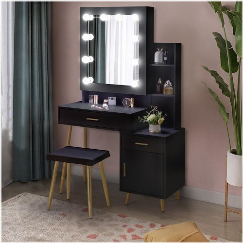 5-Drawer LED Dressing Table with Sliding Mirror and Storage Cabinet