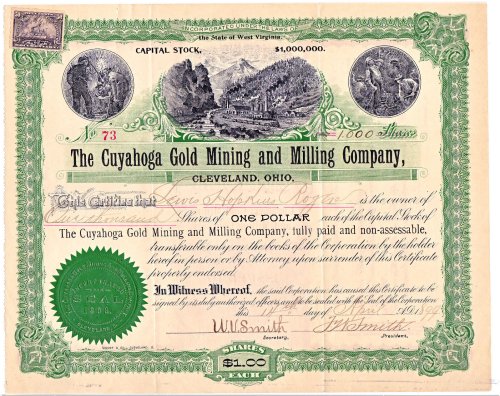 Cuyahoga Gold Mining Milling Stock Certificate