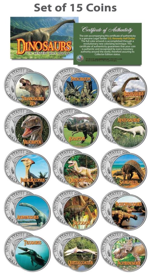 Jurassic Treasury: 15 Colorized Half Dollar Coins featuring Prehistoric Creatures