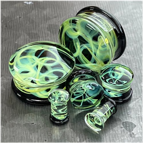Green Swirl Pyrex Glass Double Flare Plugs