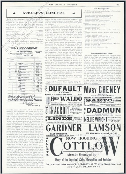 Vintage Print Article: Jan Kubelik NYC Hippodrome Concert Box Office Statement (1911)