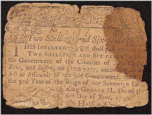 Colonial Delaware 2s 6d Note - 1759 Benjamin Franklin Half Note