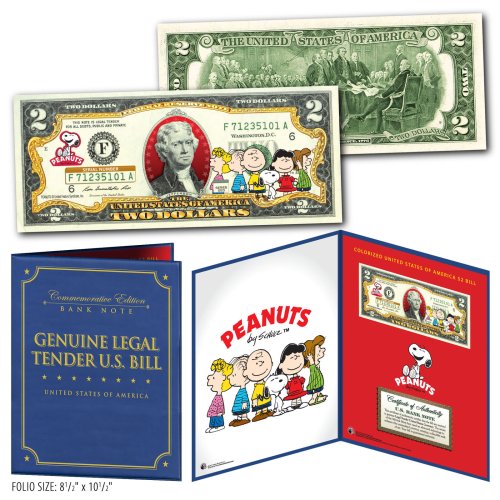 Genuine U.S. $2 Bill Featuring Peanuts Characters in Collectors Display