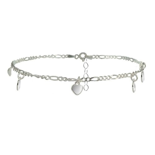 Heart Charmed Sterling Silver Anklet with Figaro Chain