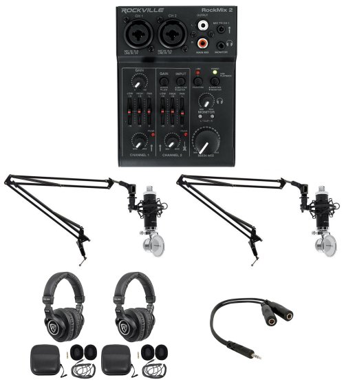 Podcast Recording Kit with Dual RCM Mics, Booms, and Headphones by Rockville