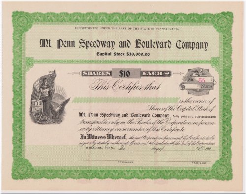 Penn Speedway & Boulevard Co. Stock Certificate