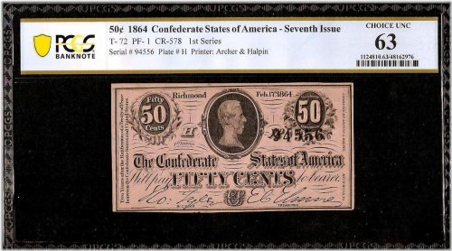Civil War Era Confederate Half Dollar Note - T-72 PCGS 63