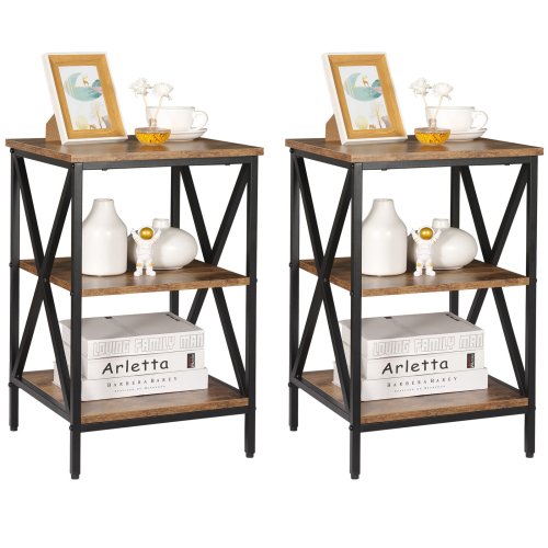 X-Design 3-Tier Side Table Set with Metal Frame and Storage Shelves in Brown