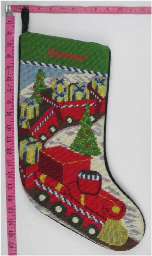 Festive Needlepoint Toy Train Stocking