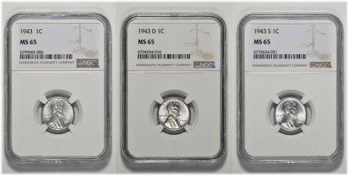 1943 P D S Lincoln Steel Wheat Cent NGC MS 65 Three Coin Lot