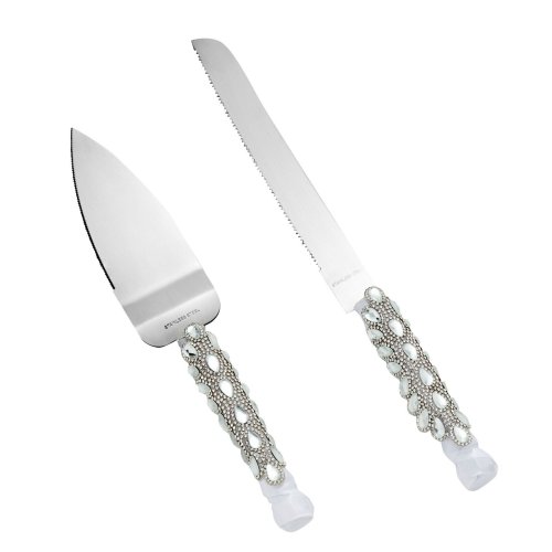 Sparkling Silver Cake Cutting Set with Crystal Accents and Ribbon