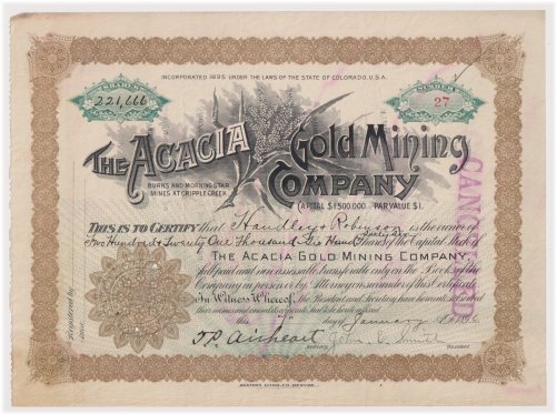 Acacia Gold Mining Company Stock Certificate