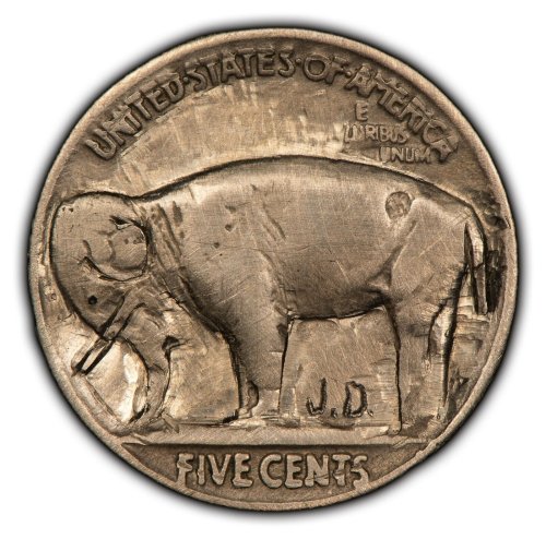Elephant Engraved Buffalo Nickel by John Dorusa (1935)