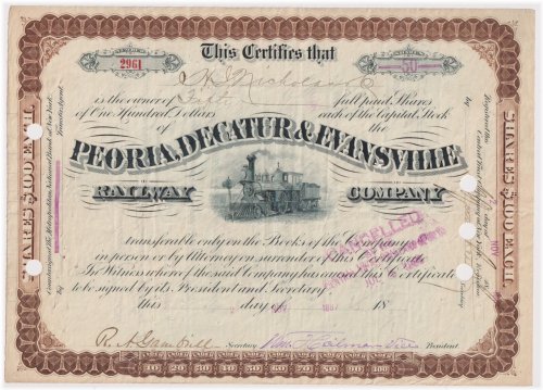 Peoria, Decatur & Evansville Railway Company Stock Certificate Brown
