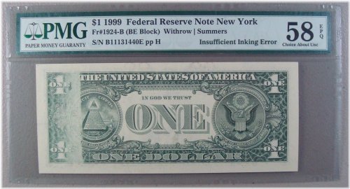 Ink Deficiency on 1999 $1 Federal Reserve Note