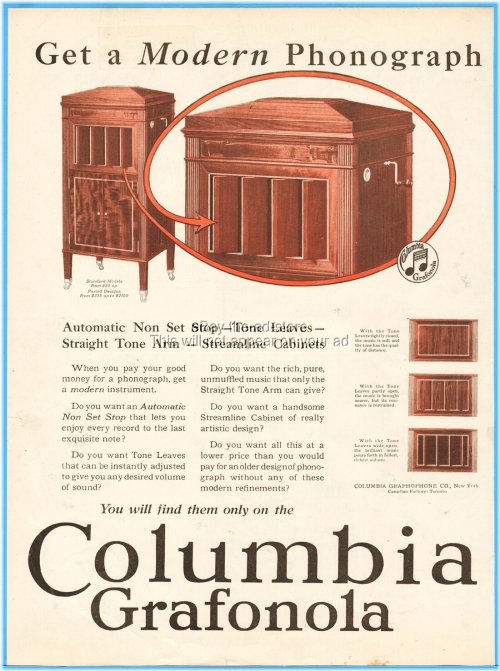 1921 Columbia Graphophone New York Grafonola Phonograph Tone Leaves Ad