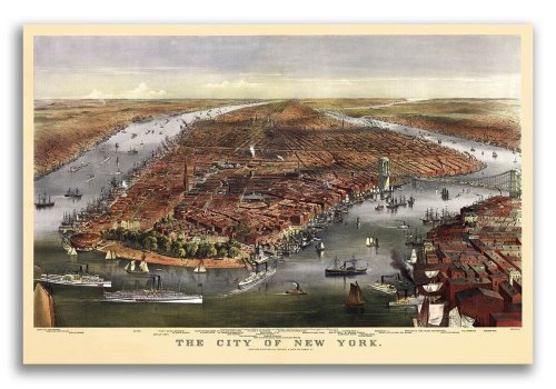 Panoramic View of New York City in 1870 - Vintage Map Print