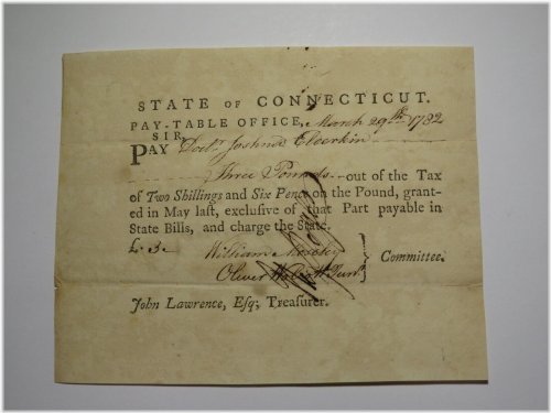 Connecticut Pay Table Office 1782 Colonial Currency Note - Oliver Wolcott Signature
