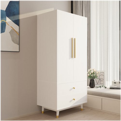 White Wood 2-Door Wardrobe with Drawers