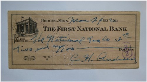 Hibbing National Bank Check - 1932