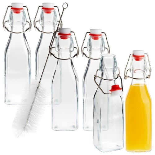 Swing Top Glass Bottles Set with Cleaning Brush - 8 oz, Pack of 6