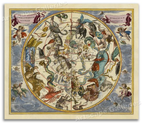 Southern Star Chart - 1660 Harmonia Macrocosmica Plate 27 - 20x24