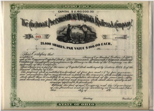 Cincinnati Portsmouth & Virginia Railroad Stock Certificate Trio