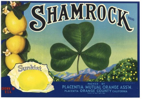 Placentia Lemon Crate Label - SHAMROCK Design