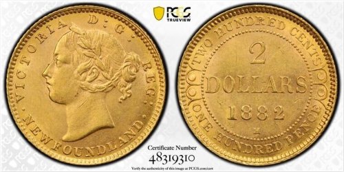 Newfoundland $2 Dollars 1882-H Gold UNC MS62 - Lot#G6530