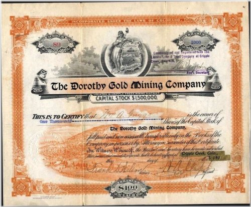 Dorothy Gold Mining Company Stock Certificate (1901, Uncancelled) - Cripple Creek, CO