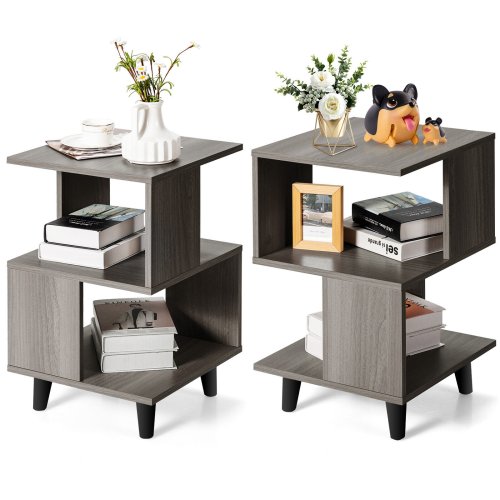 Grey Wood Storage End Tables with Modern Legs