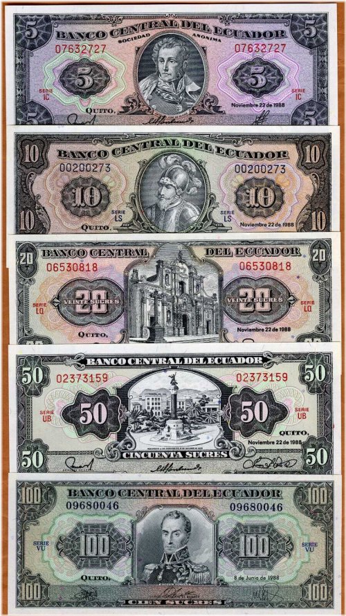 Ecuadorian Sucres Banknote Set, 1988, UNC