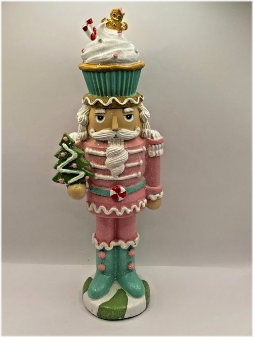 Pastel Cupcake Nutcracker with Gingerbread Tree Tabletop Decor