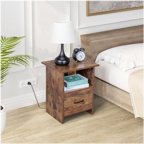 Rustic USB Charging Nightstand with Drawer and Storage