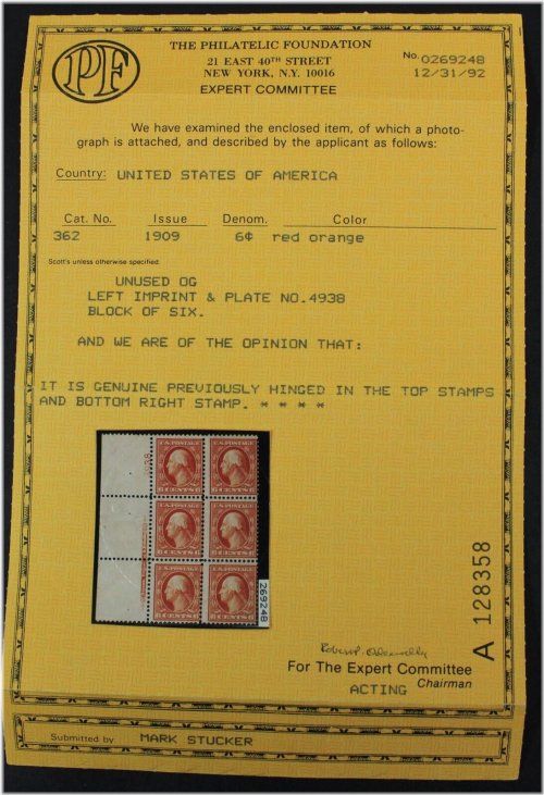 Scott #362 Block of 6 Mint US Stamps with PF Certification