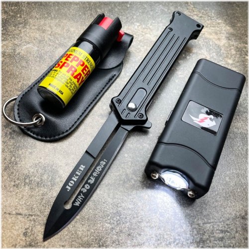 Defender's Trio: Compact Folding Knife, Stun Gun Flashlight, and Pepper Spray Set