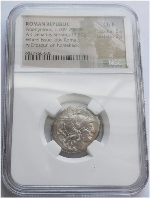Roman Denarius Serratus with Wheel and Roma Dioscuri Horse, c.209-208 BC - NGC Certified