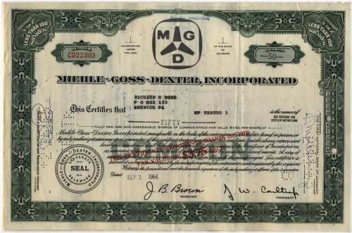 Vintage Green Miehle-Goss-Dexter Stock Certificate