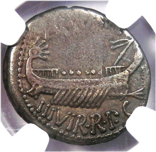 Ancient Roman Galley Silver Coin (32 BC)