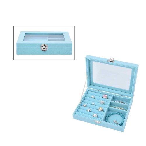Sky Blue Velvet Jewelry Organizer with Anti-Tarnish Lining and Lock