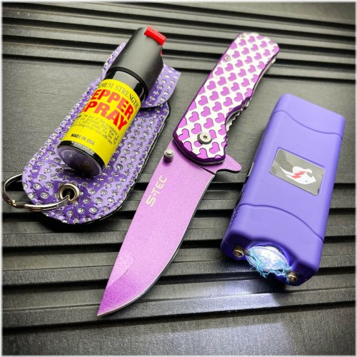 Tri-Defense Tool Set: Stun Gun Flashlight, Folding Knife, and Pepper Spray